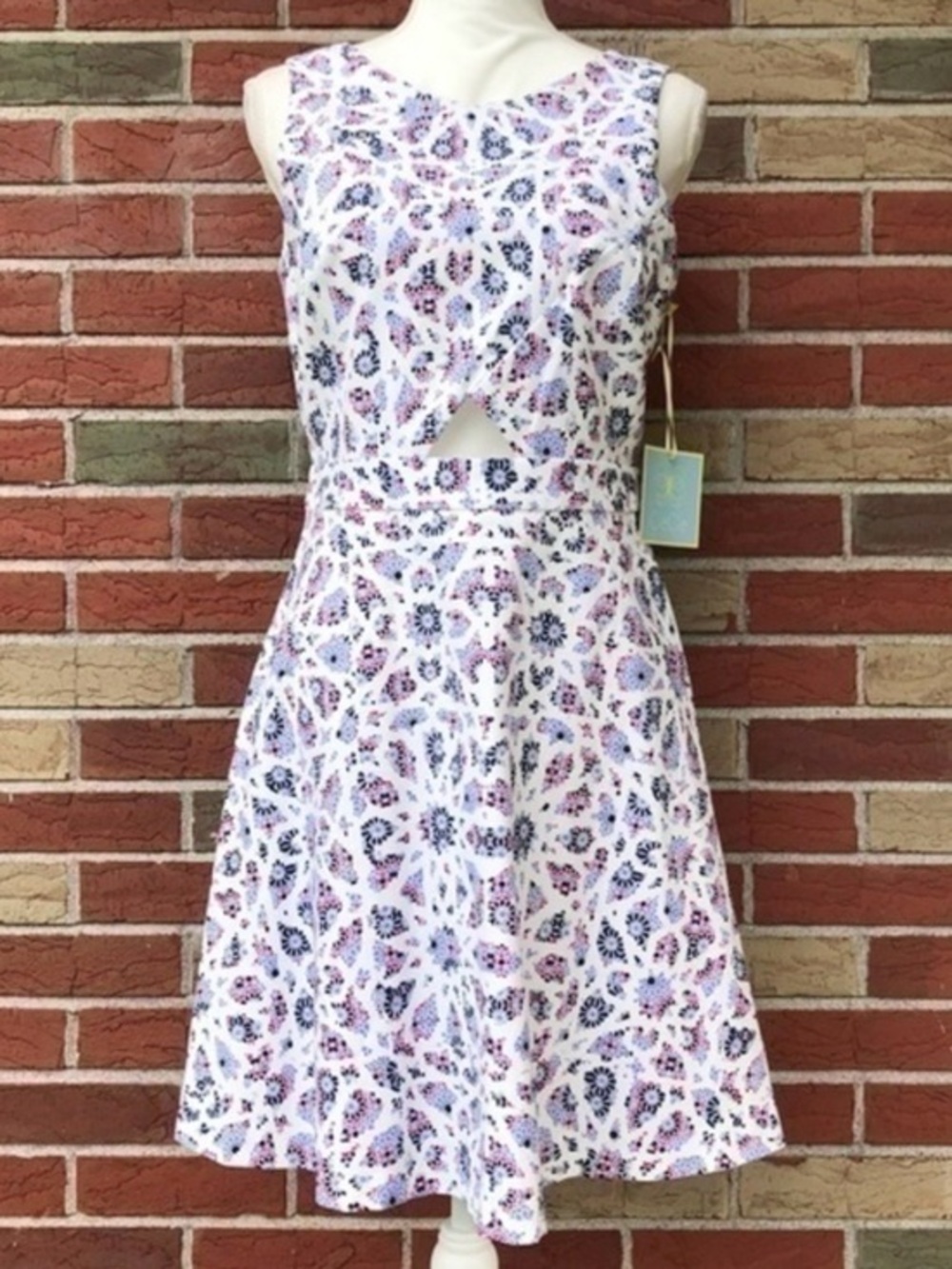 CeCe Mosaic Cutout NWT White Blue Fit & Flare Dress 👗